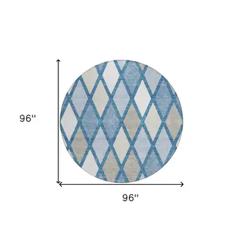 8' Denim Blue Beige And Ivory Round Geometric Washable Indoor Outdoor Area Rug