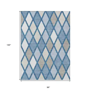 8' X 10' Denim Blue Beige And Ivory Geometric Washable Indoor Outdoor Area Rug