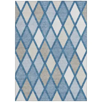 9' X 12' Denim Blue Beige And Ivory Geometric Washable Indoor Outdoor Area Rug