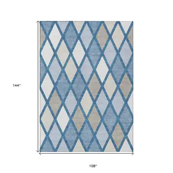 9' X 12' Denim Blue Beige And Ivory Geometric Washable Indoor Outdoor Area Rug