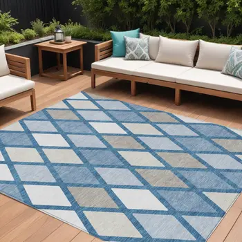9' X 12' Denim Blue Beige And Ivory Geometric Washable Indoor Outdoor Area Rug