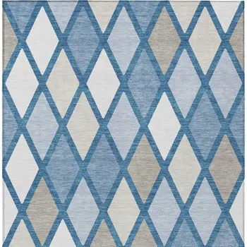 9' X 12' Denim Blue Beige And Ivory Geometric Washable Indoor Outdoor Area Rug