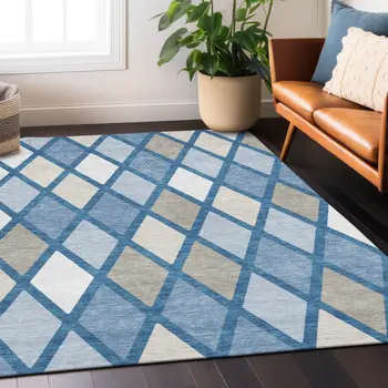 9' X 12' Denim Blue Beige And Ivory Geometric Washable Indoor Outdoor Area Rug