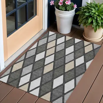 3' X 5' Gray Beige And Ivory Geometric Washable Indoor Outdoor Area Rug