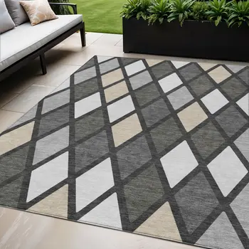5' X 8' Gray Beige And Ivory Geometric Washable Indoor Outdoor Area Rug