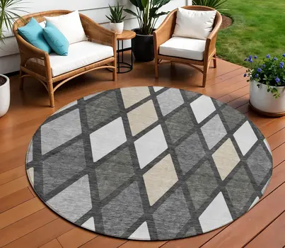 8' Gray Beige And Ivory Round Geometric Washable Indoor Outdoor Area Rug