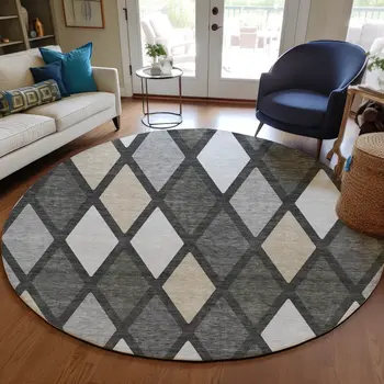 8' Gray Beige And Ivory Round Geometric Washable Indoor Outdoor Area Rug