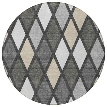 8' Gray Beige And Ivory Round Geometric Washable Indoor Outdoor Area Rug