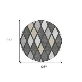 8' Gray Beige And Ivory Round Geometric Washable Indoor Outdoor Area Rug