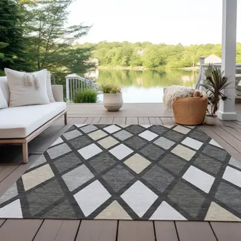 8' X 10' Gray Beige And Ivory Geometric Washable Indoor Outdoor Area Rug