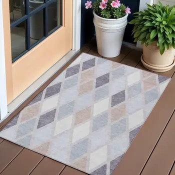3' X 5' Lavender Brown And Ivory Geometric Washable Indoor Outdoor Area Rug