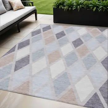 5' X 8' Lavender Brown And Ivory Geometric Washable Indoor Outdoor Area Rug