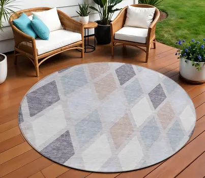 8' Lavender Brown And Ivory Round Geometric Washable Indoor Outdoor Area Rug