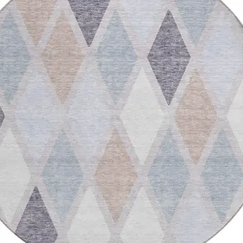 8' Lavender Brown And Ivory Round Geometric Washable Indoor Outdoor Area Rug