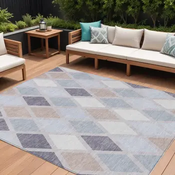 10' X 14' Lavender Brown And Ivory Geometric Washable Indoor Outdoor Area Rug