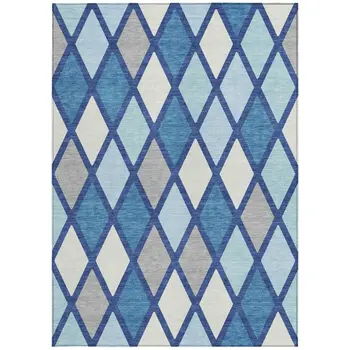5' X 8' Navy Blue Sky Blue And Ivory Geometric Washable Indoor Outdoor Area Rug