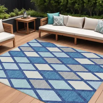 10' X 14' Navy Blue Sky Blue And Ivory Geometric Washable Indoor Outdoor Area Rug