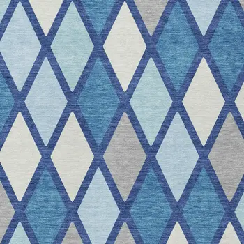 10' X 14' Navy Blue Sky Blue And Ivory Geometric Washable Indoor Outdoor Area Rug