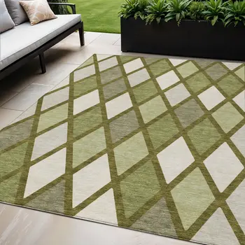 5' X 8' Olive Green And Gray Geometric Washable Indoor Outdoor Area Rug