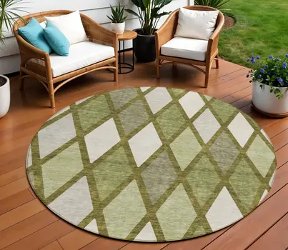8' Olive Green And Gray Round Geometric Washable Indoor Outdoor Area Rug