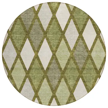 8' Olive Green And Gray Round Geometric Washable Indoor Outdoor Area Rug