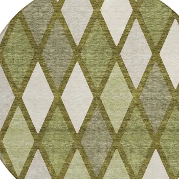 8' Olive Green And Gray Round Geometric Washable Indoor Outdoor Area Rug
