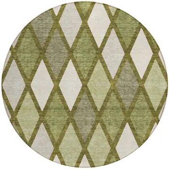 8' Olive Green And Gray Round Geometric Washable Indoor Outdoor Area Rug