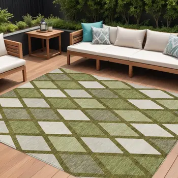 10' X 14' Olive Green And Gray Geometric Washable Indoor Outdoor Area Rug