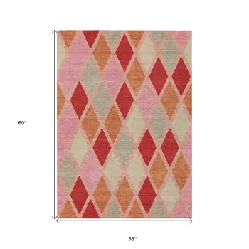 3' X 5' Pink Red And Copper Geometric Washable Indoor Outdoor Area Rug
