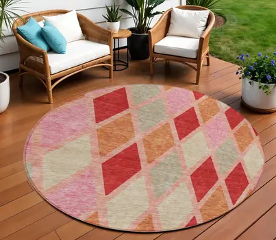 8' Pink Red And Copper Round Geometric Washable Indoor Outdoor Area Rug