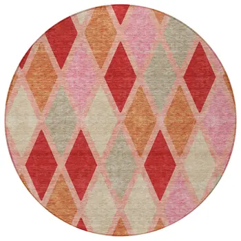 8' Pink Red And Copper Round Geometric Washable Indoor Outdoor Area Rug