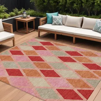 8' X 10' Pink Red And Copper Geometric Washable Indoor Outdoor Area Rug