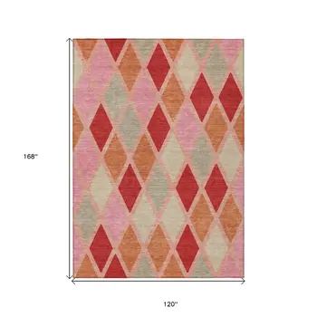 10' X 14' Pink Red And Copper Geometric Washable Indoor Outdoor Area Rug