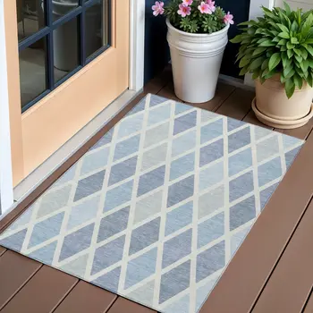 3' X 5' Sky Blue And Ivory Geometric Washable Indoor Outdoor Area Rug