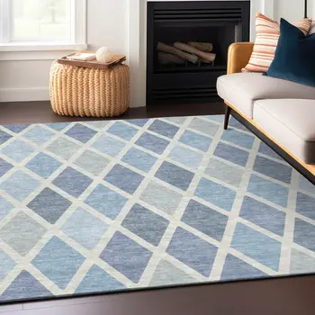 3' X 5' Sky Blue And Ivory Geometric Washable Indoor Outdoor Area Rug