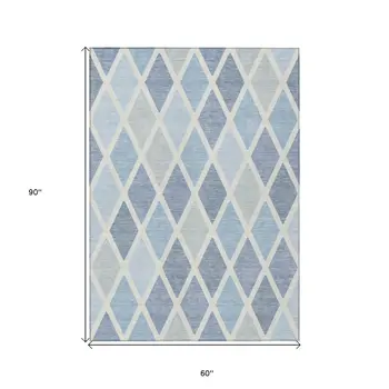 5' X 8' Sky Blue And Ivory Geometric Washable Indoor Outdoor Area Rug