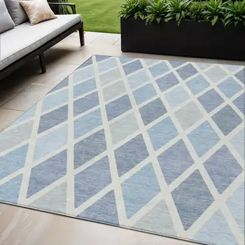 5' X 8' Sky Blue And Ivory Geometric Washable Indoor Outdoor Area Rug