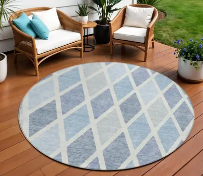8' Sky Blue And Ivory Round Geometric Washable Indoor Outdoor Area Rug
