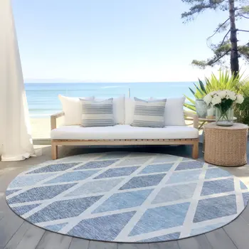 8' Sky Blue And Ivory Round Geometric Washable Indoor Outdoor Area Rug