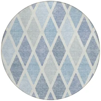 8' Sky Blue And Ivory Round Geometric Washable Indoor Outdoor Area Rug