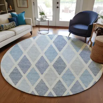 8' Sky Blue And Ivory Round Geometric Washable Indoor Outdoor Area Rug
