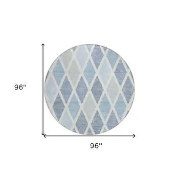 8' Sky Blue And Ivory Round Geometric Washable Indoor Outdoor Area Rug