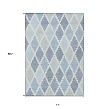 8' X 10' Sky Blue And Ivory Geometric Washable Indoor Outdoor Area Rug
