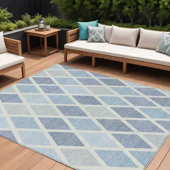 9' X 12' Sky Blue And Ivory Geometric Washable Indoor Outdoor Area Rug