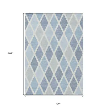 10' X 14' Sky Blue And Ivory Geometric Washable Indoor Outdoor Area Rug