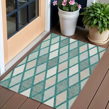 3' X 5' Teal Blue Ivory And Beige Geometric Washable Indoor Outdoor Area Rug