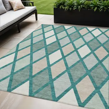 5' X 8' Teal Blue Ivory And Beige Geometric Washable Indoor Outdoor Area Rug