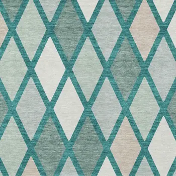 5' X 8' Teal Blue Ivory And Beige Geometric Washable Indoor Outdoor Area Rug