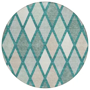 8' Teal Blue Ivory And Beige Round Geometric Washable Indoor Outdoor Area Rug