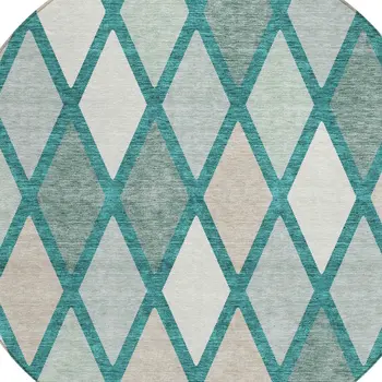 8' Teal Blue Ivory And Beige Round Geometric Washable Indoor Outdoor Area Rug